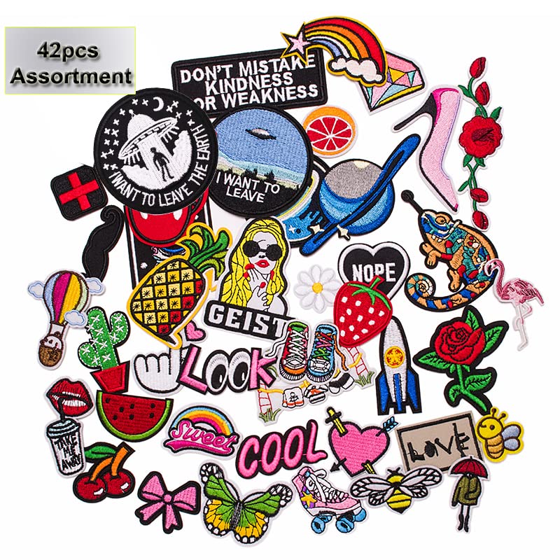 U-Sky Sew or Iron on Embroidered Patches | 42PCs Mixed Designs Saying Animals Quotes Foods Cartoon | Colorful Variety Pack for DIY Customization | Jackets Bags Denim | Multi-Size Set - Image 1